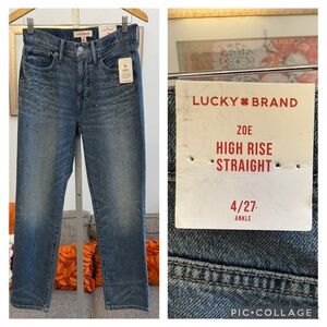 NWT Lucky Brand Zoe High Rise Straight Leg Ankle Jeans Medium Wash with Studs
